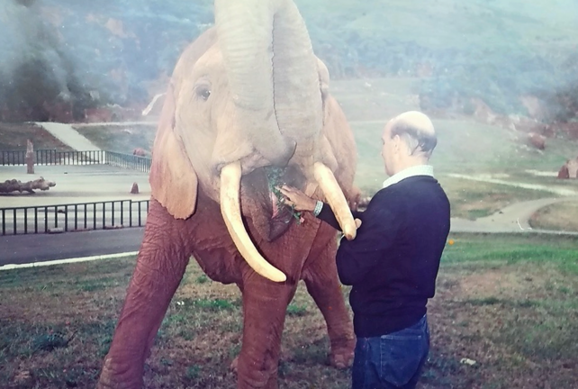 El expresidente regional da de comer a un elefante en Cabárceno.