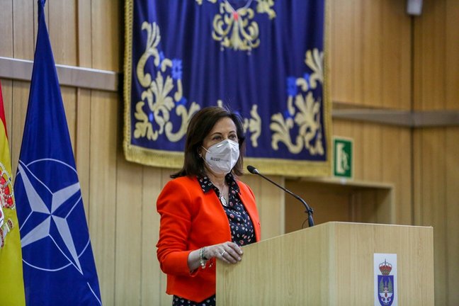La ministra de Defensa, Margarita Robles, interviene durante la sesión informativa '1981- 2021: 40 años de compromiso y participación activa en la OTAN', en la Base de Retamares, a 2 de julio de 2021, en Pozuelo de Alarcón, Madrid (España). 