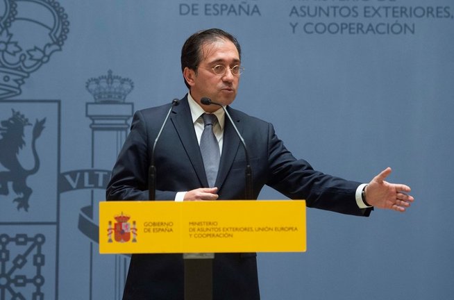 El ministro de Asuntos Exteriores, Unión Europea y Cooperación, José Manuel Albares, durante el acto por el que el nuevo subsecretario del Ministerio ha tomado posesión del cargo, a 29 de julio de 2021, en Madrid (España). Con este acto continúa el proces