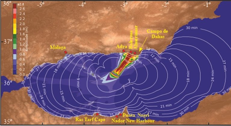 Modelo de propagación del tsunami y áreas del litoral que se verían afectadas