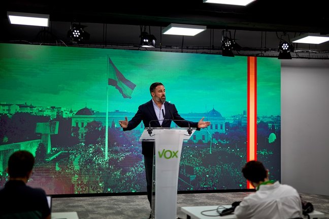El presidente de Vox, Santiago Abascal, en una rueda de prensa