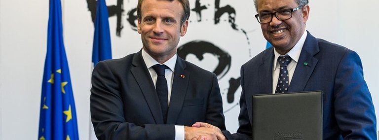 Archivo - Emmanuel Macron, Presidente de la República Francesa y el Dr. Tedros Adhanom Ghebreyesus, Director General de la OMS firmaron una Declaración de Intención para establecer la Academia de la OMS.