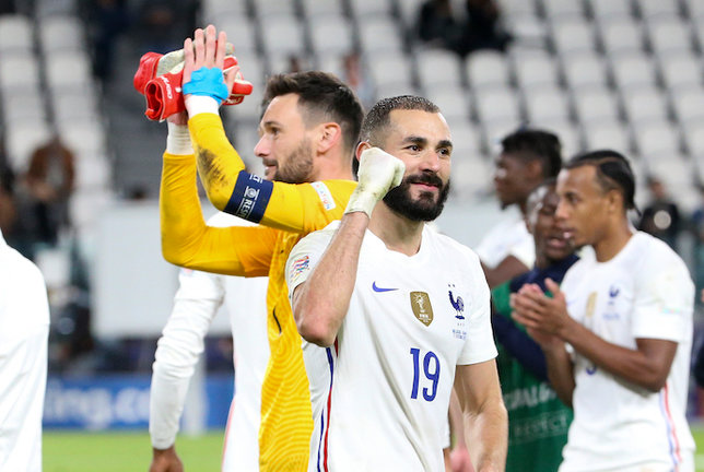 Karim Benzema, goalkeeper of France Hugo Lloris (left) celebrate the victory following the UEFA Nations League, Semi-final football match between Belgium and France on October 7, 2021 at Allianz Stadium in Turin, Italy - Photo Jean Catuffe / DPPI
AFP7 /  Europa Press
7/10/2021 ONLY FOR USE IN SPAIN