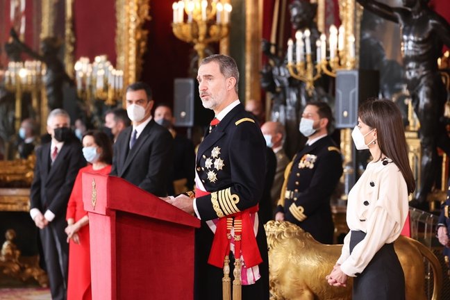Los reyes de España, Felipe VI y Letizia, en la tradicional ceremonia de la Pascua Militar este jueves en Madrid.