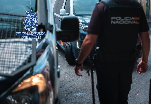 Imagen de un agente de la Policía Nacional junto a dos vehículos policiales. / EP