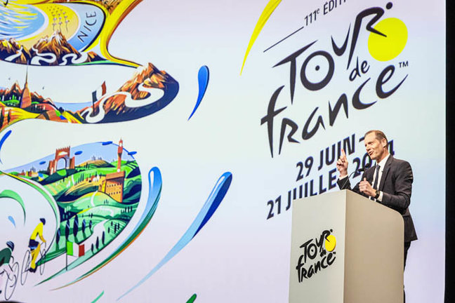 El director general del Tour de Francia, Christian Prudhomme, durante la presentación de la edición 2024 de la ronda gala. EFE/EPA/CHRISTOPHE PETIT TESSON
