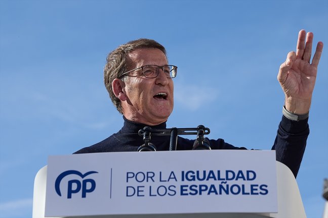 El presidente del PP, Alberto Núñez Feijóo, interviene durante una manifestación contra la amnistía, en la Puerta del Sol. EP / Jesús Hellín