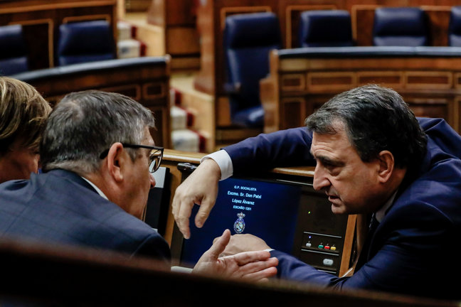 El portavoz del PSOE en el Congreso de los Diputados, Patxi López (i) y el portavoz del PNV en el Congreso, Aitor Esteban. / Alerta