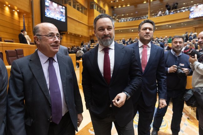 El diputado de Vox, Ignacio Gil Lázaro (i) y el líder de Vox, Santiago Abascal (d), llega a un pleno del Congreso de los Diputados. EP / Eduardo Parra