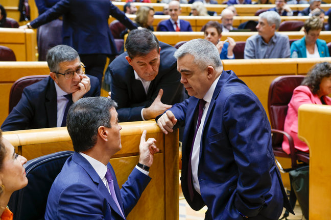 El presidente del Gobierno, Pedro Sánchez, conversa con el diputado socialista Santos Cerdán (d) durante un receso de la sesión plenaria del Congreso. / J.J. Guillén