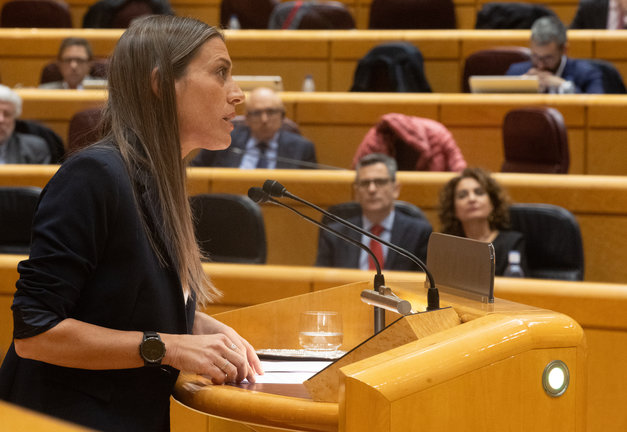 La portavoz de Junts en el Congreso, Miriam Nogueras, interviene durante un pleno del Congreso de los Diputados, y al fondo los miembros del Gobierno. EP / Eduardo Parra