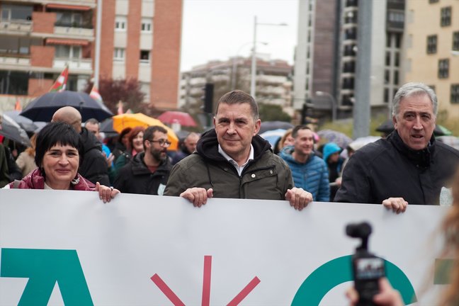 El coordinador general de la coalición, Arnaldo Otegi (c), durante una manifestación por el Aberri Eguna, en Pamplona. EP / Eduardo Sanz