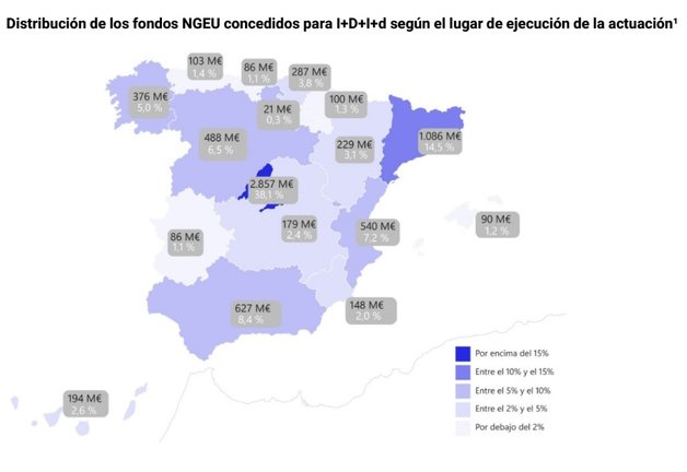 Mapa de la distribución de los Fondos NGEU por comunidades autónomas. / Alerta