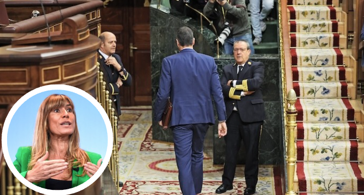 El presidente Pedro Sánchez, ayer en la sesión de control al Gobierno. En circulo, su esposa Begoña. / e.p.