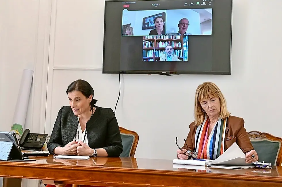 Reuni&oacute;n telem&aacute;tica de Gema Igual y Mar&iacute;a Luisa Sanju&aacute;n, con el director del Reina Sof&iacute;a, Manuel Borja-Villel y Jos&eacute; Mar&iacute;a Lafuente. / alerta