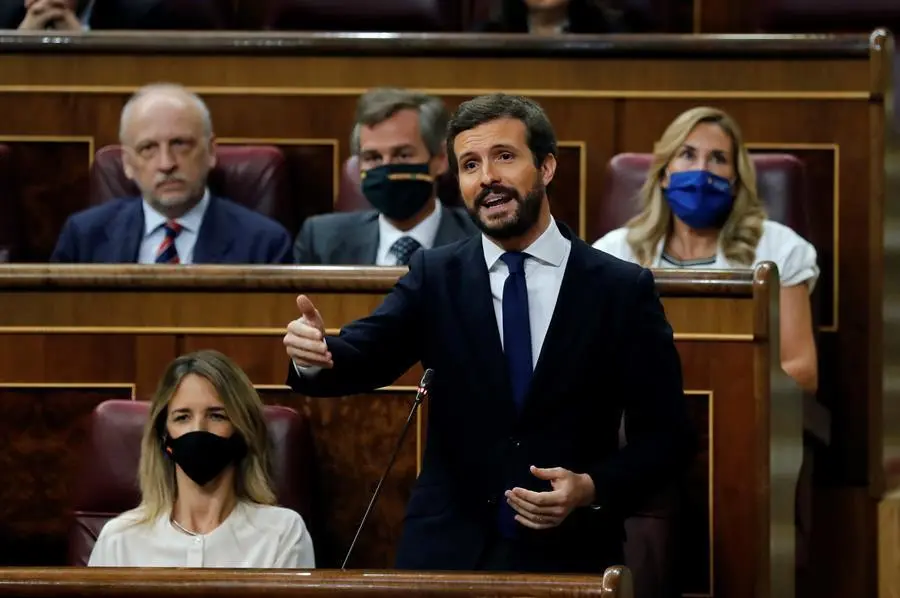 El l&iacute;der del PP, Pablo Casado, participa en una sesi&oacute;n del pleno del Congreso de los Diputados este mi&eacute;rcoles en Madrid. EFE/Chema Moya