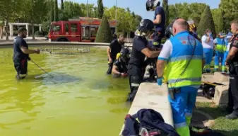Bomberos de M&oacute;stoles y personal del SUMMA 112 en la fuente ornamental donde ha fallecido un joven de 16 a&ntilde;os ahorago. - EMERGENCIAS 112 COMUNIDAD DE MADRID