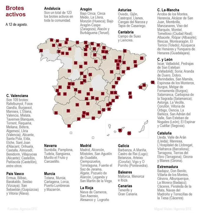 Infograf&iacute;a de los brotes en Espa&ntilde;a.