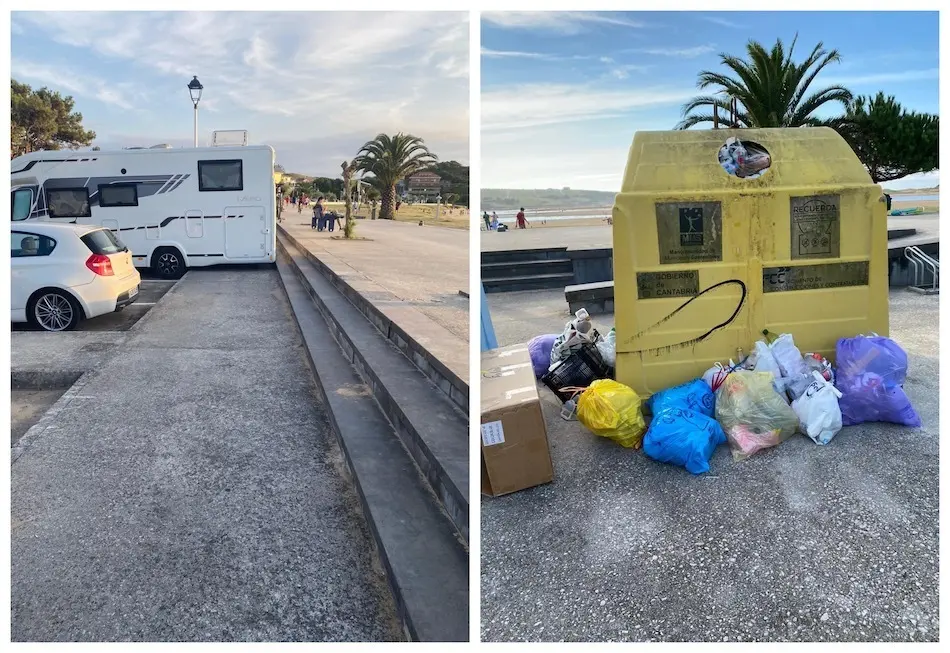 Playa de Usil en Mogro, donde se ve el estado actual de suciedad que se encuentra la playa y c&oacute;mo autocaravanas aparcan sin orden interrumpiendo el paso y la accesibilidad a la zona. / ALERTA