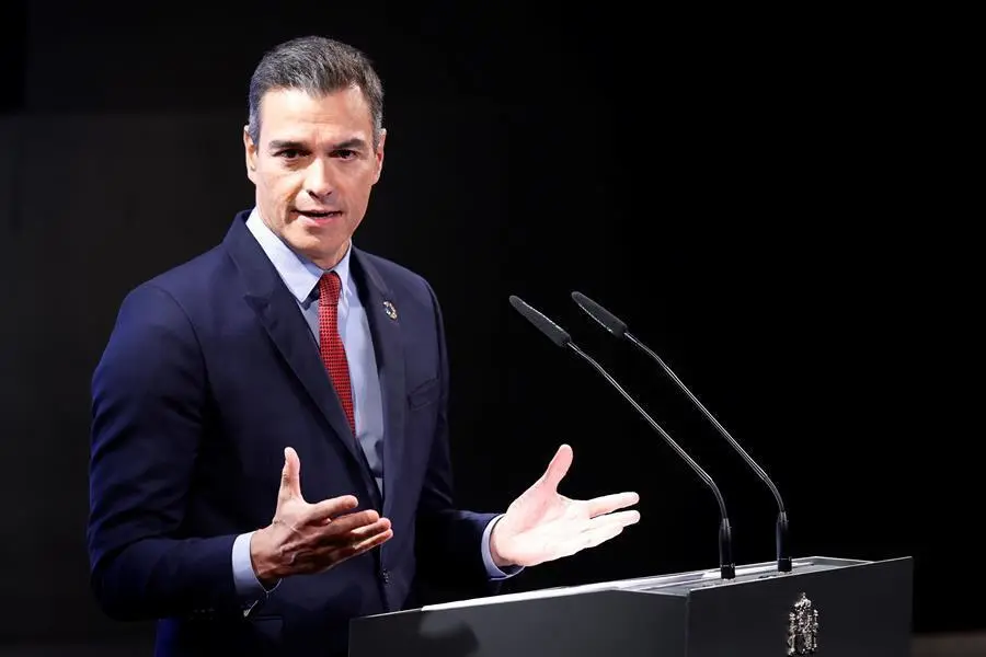 El presidente del Gobierno, Pedro S&aacute;nchez, durante la conferencia. EFE/ Mariscal