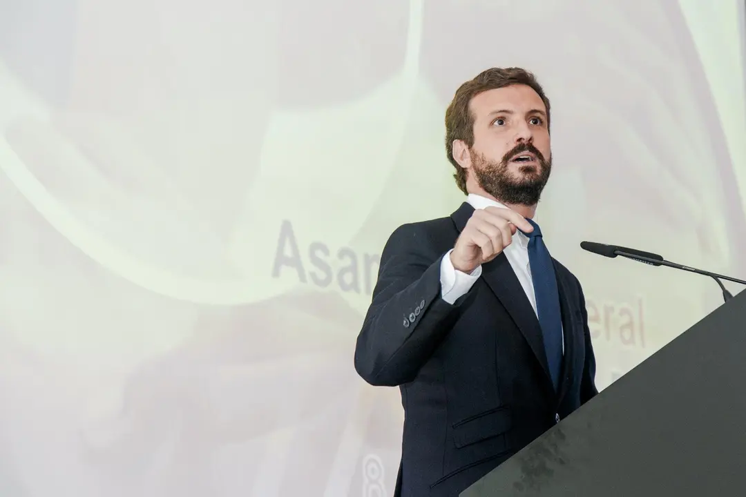 El presidente del PP, Pablo Casado, interviene en la Asamblea General de la Empresa Familiar de Castilla-La Mancha (AEFCLM), en Toledo, Castilla-La Mancha (Espa&ntilde;a), a 8 de octubre de 2020.
