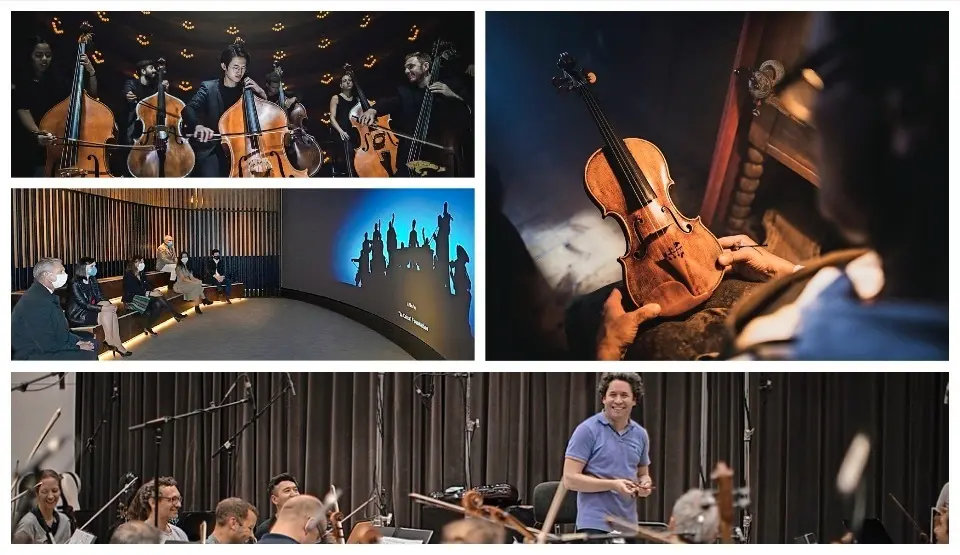 Arriba: fotograma de la cinta, la cual es &laquo;un viaje al coraz&oacute;n de la m&uacute;sica&raquo; ; abajo: ensayos de &lsquo;Symphony&rsquo; en el Gran Teatro Liceo de Barcelona con Gustavo Dudamel. / ALERTA