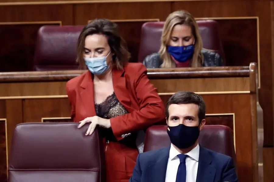 El l&iacute;der del PP, Pablo Casado, durante la segunda sesi&oacute;n del debate de moci&oacute;n de censura presentada por Vox, este jueves en el Congreso. EFE/Mariscal