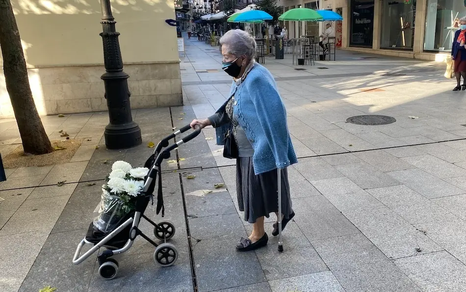 Una mujer de avanzada edad con su mascarilla transporta un carro con flores en la calle Escalante de Santander. / HARDY