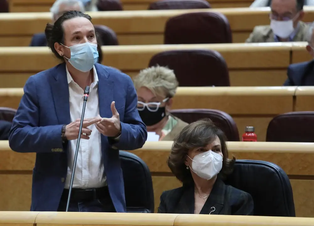 El vicepresidente de Derechos Sociales y Agenda 2030, Pablo Iglesias, interviene en una sesi&oacute;n de control al Gobierno en el Senado