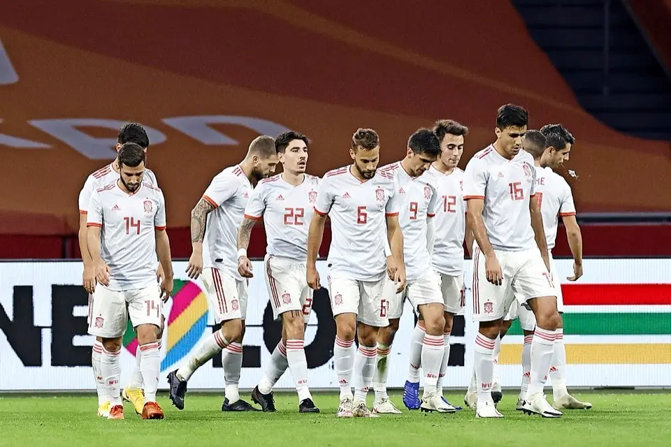Los jugadores de la selecci&oacute;n espa&ntilde;ola tras celebrar el gol con Sergio Canales. / EFE