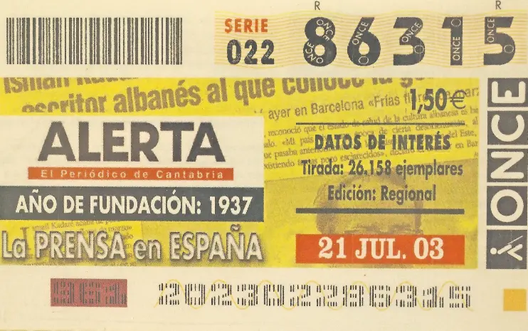 Loter&iacute;a de la Once con el Logo de alerta del a&ntilde;o 2003