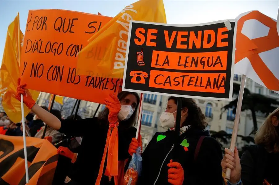 Miembros de la plataforma M&aacute;s plurales se manifiesta este jueves en frente del Congreso de los Diputados en Madrid por la nueva ley de educaci&oacute;n Ley Org&aacute;nica de Modificaci&oacute;n de la LOE (LOMLOE), tambi&eacute;n conocida como ley Cela&aacute;. EFE/Mariscal