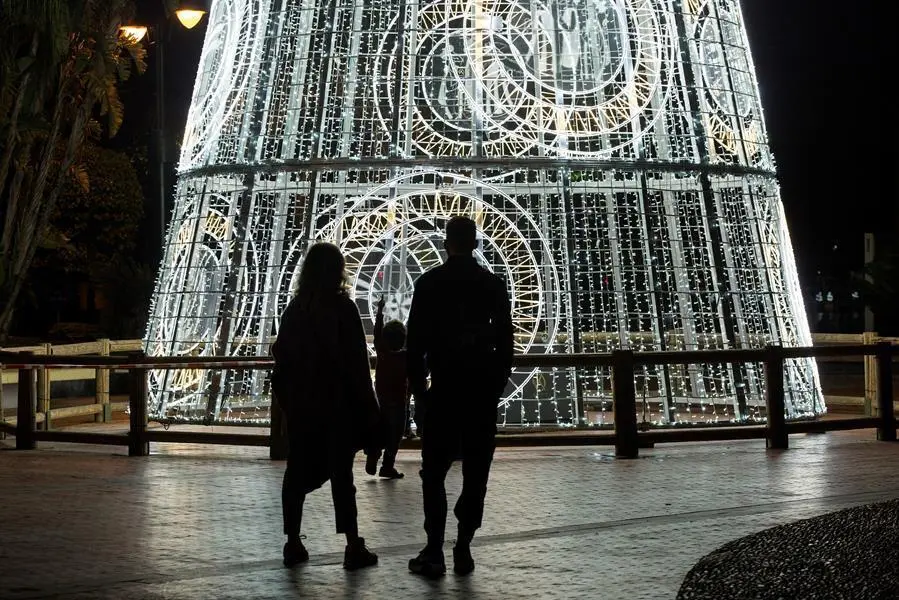 Una pareja y su hijo observan un &aacute;rbol de navidad iluminado en la Plaza de la Marina, en M&aacute;laga. EFE/Daniel P&eacute;rez/Archivo