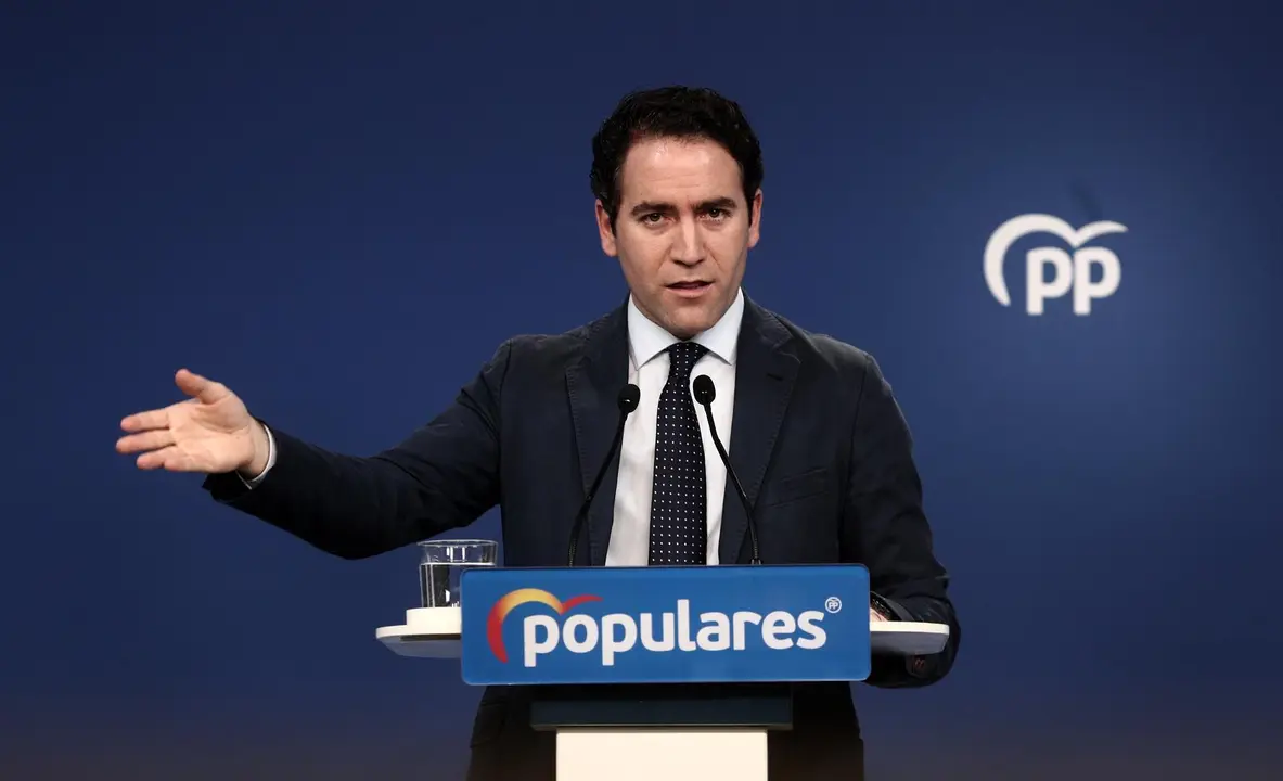 El secretario general del PP, Teodoro Garc&iacute;a Egea, comparece en rueda de prensa posterior a la reuni&oacute;n del Comit&eacute; de Direcci&oacute;n del partido, en su sede en G&eacute;nova, en Madrid (Espa&ntilde;a), a 14 de diciembre de 2020.