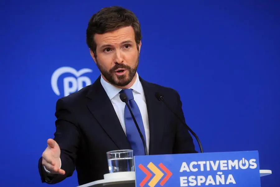 El l&iacute;der del Partido Popular, Pablo Casado durante la rueda de prensa para hacer balance del a&ntilde;o en la sede del partido en Madrid este martes. EFE/Fernando Alvarado