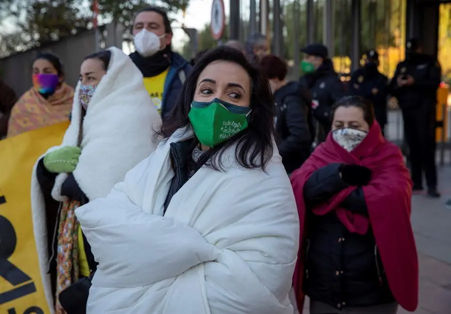 La portavoz de las Ampas de la Plataforma Escuela de Calor, Teresa Pablos (c), envuelta en un edred&oacute;n, durante la protesta convocada este mi&eacute;rcoles ante la sede de la Consejer&iacute;a de Educaci&oacute;n de la Junta de Andaluc&iacute;a en Sevilla para denunciar el fr&iacute;o que los ni&ntilde;os pasan en las aulas y exigir la puesta en marcha de la Ley de Bioclimatizaci&oacute;n. EFE/Julio Mu&ntilde;oz