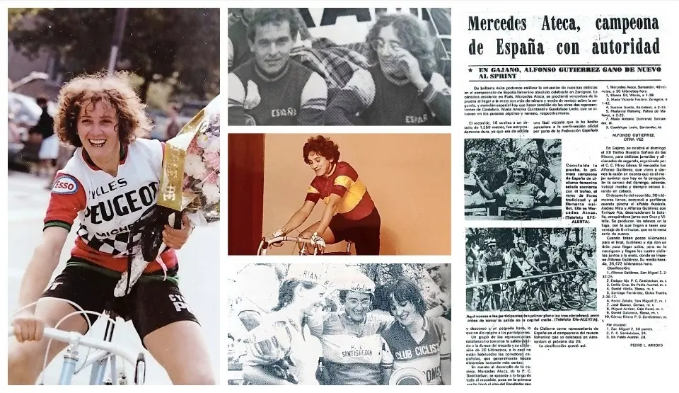 A la derecha, p&aacute;gina del Peri&oacute;dico ALERTA del martes 7 de agosto de 1979, con la cr&oacute;nica del campeonato. | Arriba en el medio, Rodr&iacute;guez Inguanzo y Mercedes Ateca, en v&iacute;speras del Mundial de 1979. | En el centro, Mercedes Ateca luciendo el maillot rojigualda. | Abajo en el medio, Mercedes Ateca, en el podio nacional. | A la izquierda, Ateca tras una etapa ciclista. / ALERTA