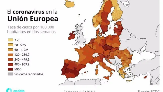 Mapa con tasa de incidencia acumulada de coronavirus por 100.000 habitantes en las primeras dos semanas de 2021 por regiones en la Uni&oacute;n Europea - Europa Press