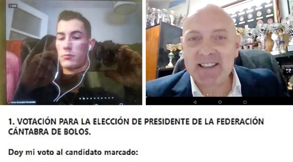 El jugador V&iacute;ctor Gonz&aacute;lez siguiendo de forma telem&aacute;tica la Asamblea. Norberto Ortiz, feliz, agradeciendo el apoyo de los asamble&iacute;stas. Abajo, Captura de pantalla del resultado de la votaci&oacute;n.