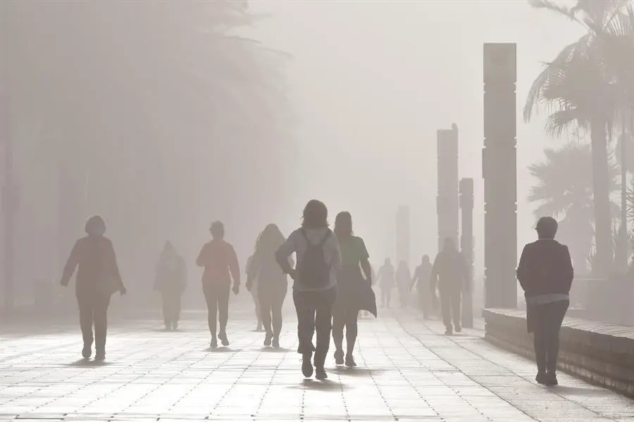 Vecinos de Almer&iacute;a pasean y hacen deporte por la playa y el paseo mar&iacute;timo de Almer&iacute;a hoy viernes, aprovechando el aumento de las temperaturas a pesar de la espesa niebla que ha cubierto la ciudad. EFE / Carlos Barba