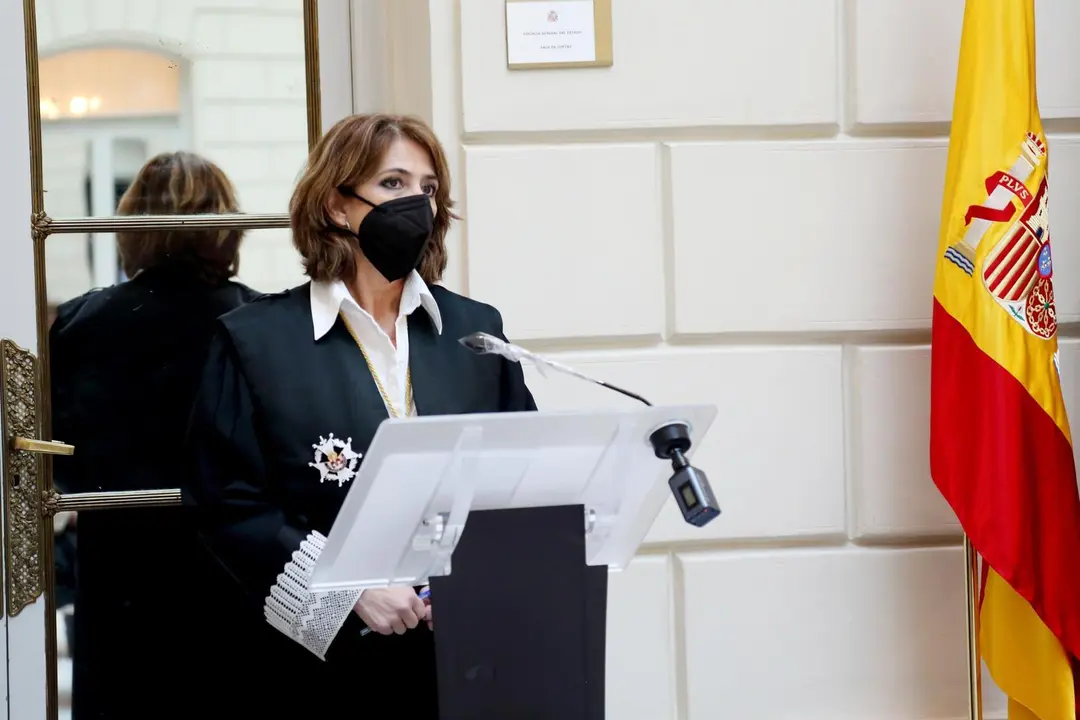 La fiscal general del Estado, Dolores Delgado, en la toma de posesi&oacute;n de seis nuevos fiscales adscritos al Tribunal Supremo, a la Inspecci&oacute;n Fiscal, a la Fiscal&iacute;a de Sala contra la Violencia sobre la Mujer y a la Unidad de Apoyo, el 22 de enero de 2021.
