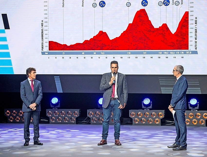 &lsquo;Perico&rsquo; Delgado, Miguel Indurain y Carlos de Andr&eacute;s durante la presentaci&oacute;n de La Vuelta 2021. / EFE