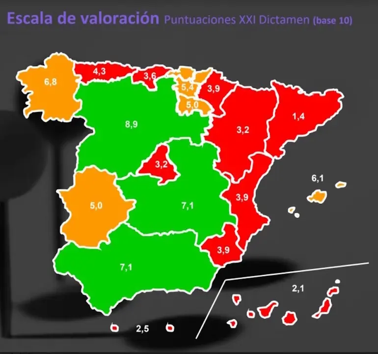Mapa con la nota obtenida por la cada Comunidad en Atenci&oacute;n a la Dependencia. / E. PRESS