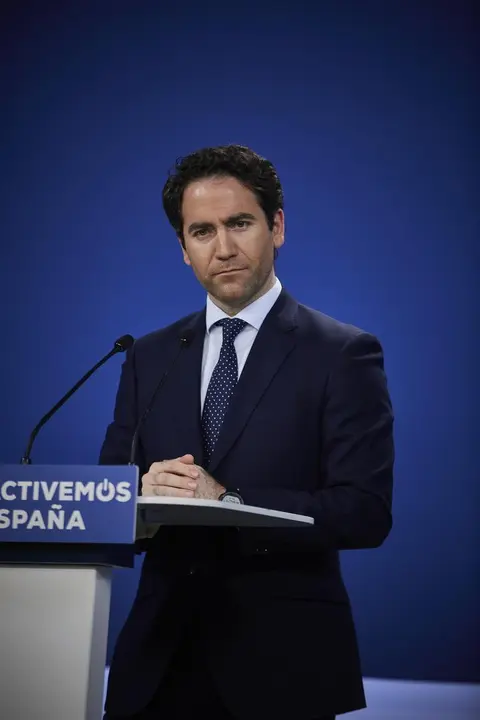 El secretario general del PP, Teodoro Garc&iacute;a Egea, ofrece una rueda de prensa en la sede del partido, en Madrid (Espa&ntilde;a), a 10 de marzo de 2021. 