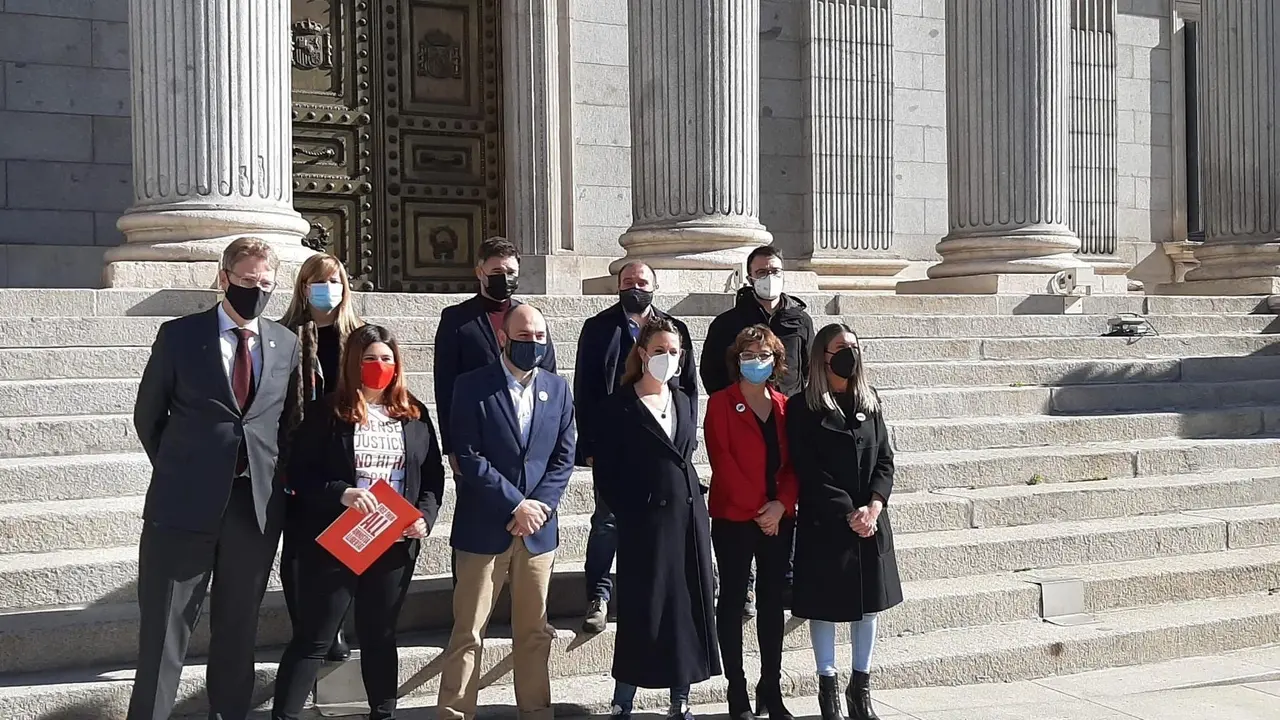 ERC, Junts, la CUP y el PDeCAT posan junto a Aminist&iacute;a Internacional en la Puerta de los Leones en el Congreso