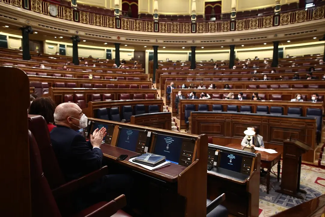 El secretario general del Grupo Socialista en el Congreso, Rafael Simancas, y otros miembros del hemiciclo votan por la elecci&oacute;n de miembros del Consejo de Administraci&oacute;n de la Corporaci&oacute;n RTVE durante una sesi&oacute;n plenaria celebrada en el Congreso de los D