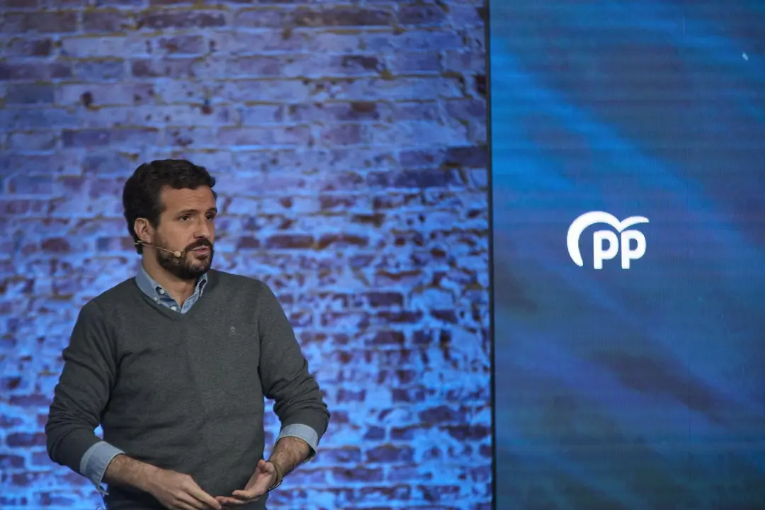 El presidente del Partido Popular, Pablo Casado participa en el XV Congreso Nacional de Nuevas Generaciones del PP en Espacio Jorge, a 10 de abril de 2021, en Madrid (Espa&ntilde;a).