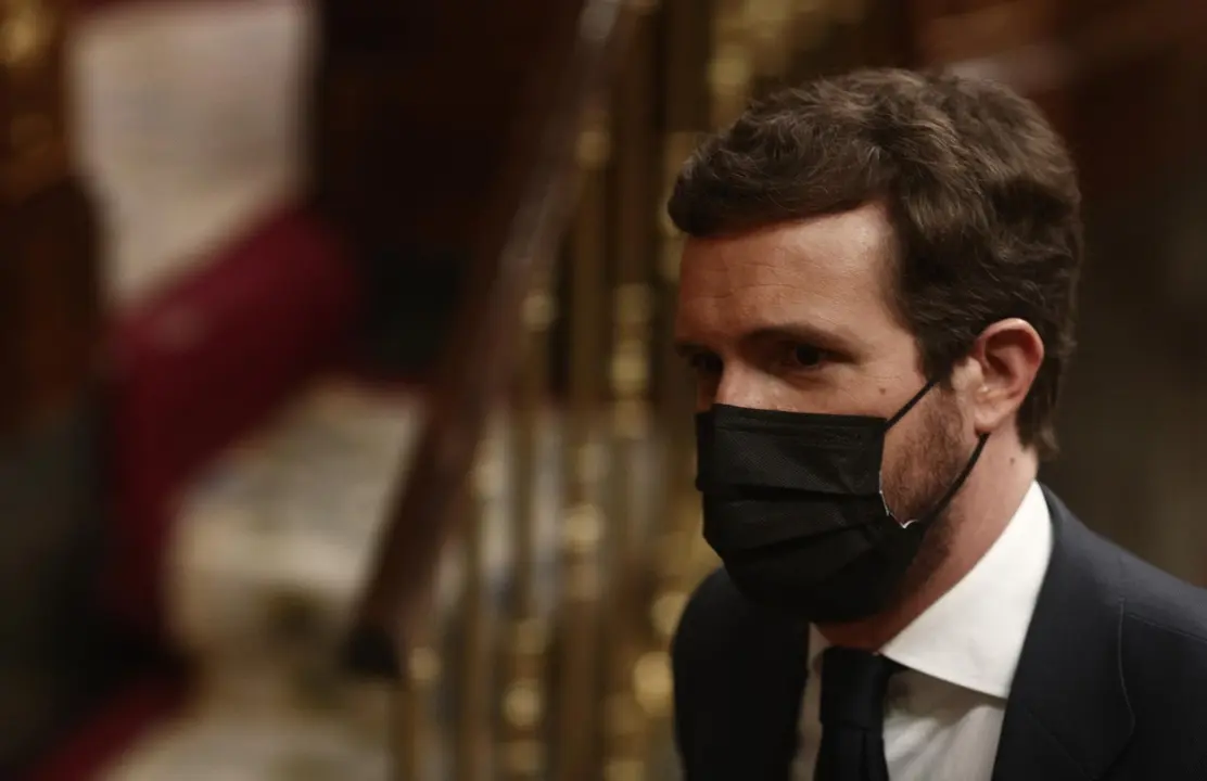 El l&iacute;der del PP, Pablo Casado, durante una sesi&oacute;n de control al Gobierno Central, a 21 de abril de 2021, en el Congreso de los Diputados, Madrid, (Espa&ntilde;a). 