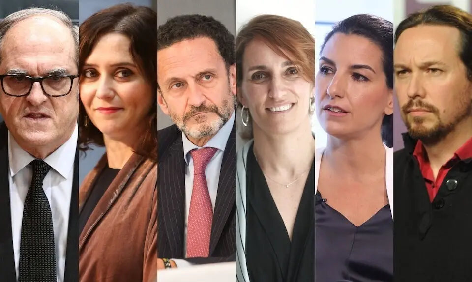 Candidatos para las elecciones a la Comunidad de Madrid 2021. De izquierda a dercha: &Aacute;ngel Gabilondo (PSOE), Isabel D&iacute;az Ayuso (PP) Edmundo Bal (Ciudadanos) M&oacute;nica Garc&iacute;a (M&aacute;s Madrid), Roc&iacute;o Monasterio (Vox) y Pablo Iglesias (Podemos)