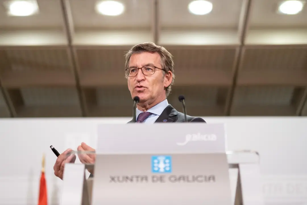 O titular do Goberno galego, Alberto N&uacute;&ntilde;ez Feij&oacute;o, na rolda de prensa posterior &aacute; reuni&oacute;n do comit&eacute; cl&iacute;nico de expertos sanitarios. Edificio Administrativo de San Caetano, Santiago de Compostela, 06/05/21.